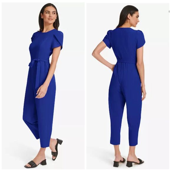 Calvin Klein Womens 4 Short Sleeve Tapered Jumpsuit Blue Romper Coastal Cropped - Picture 1 of 14